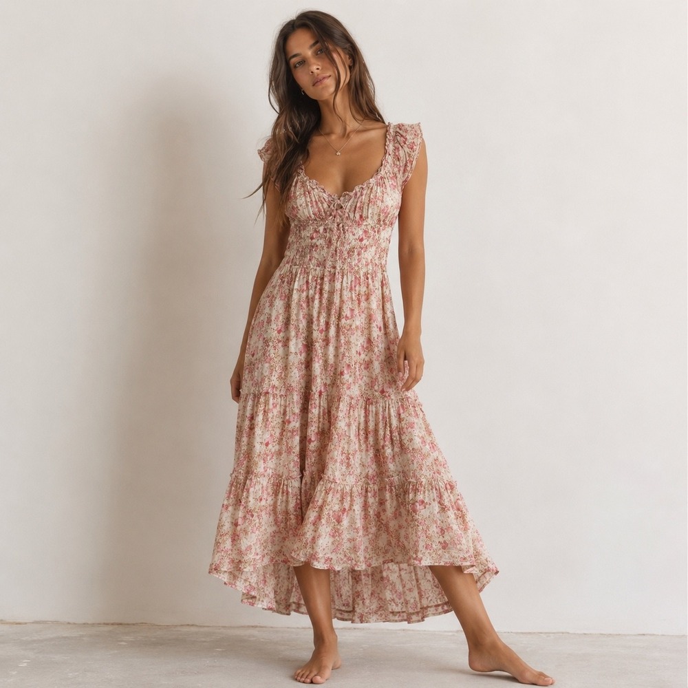 Floral Pink Midi Dress with Ruffle Sleeves